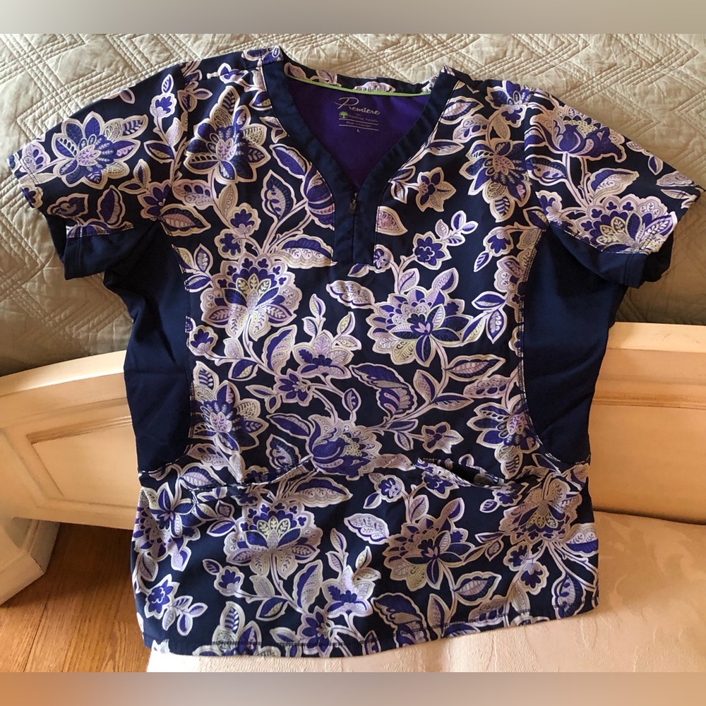 Premier Healing Hands Navy and Purple Floral Women’s Scrub Top